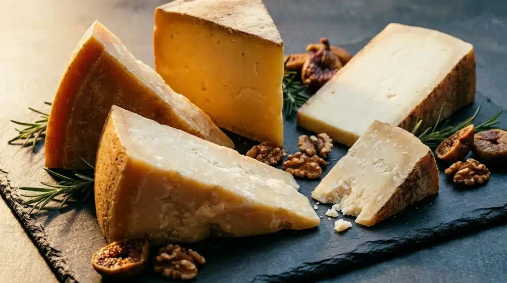 Plusieurs tranches de fromage avec noix et romarin sur ardoise