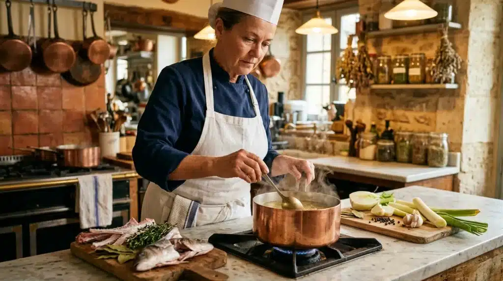 Chef en toque prépare un plat dans une cuisine rustique