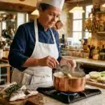 Chef en toque prépare un plat dans une cuisine rustique