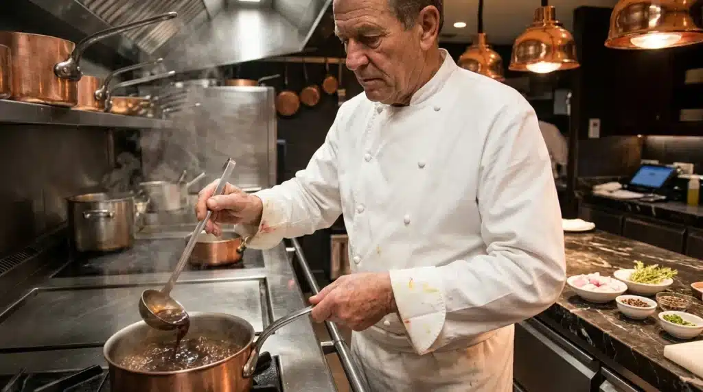 Chef en toque blanche préparant un plat à la cuisine