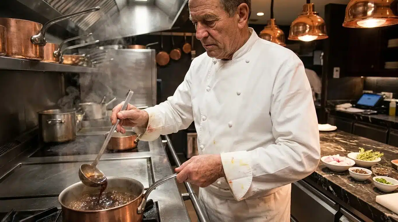Chef en toque blanche préparant un plat à la cuisine