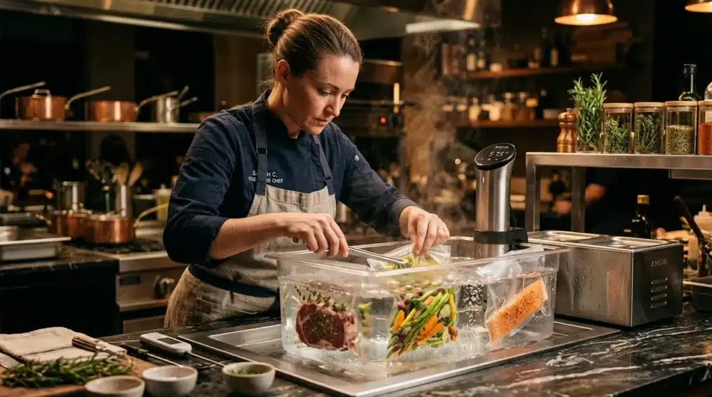 Chef cuisinant avec technique sous-vide en cuisine professionnelle