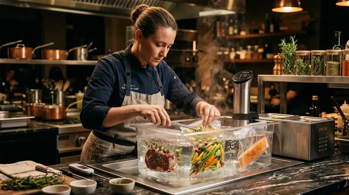 Chef cuisinant avec technique sous-vide en cuisine professionnelle