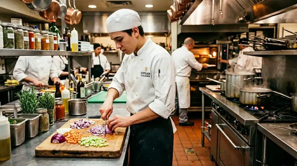 Chef en blanc découpe oignons rouges en cuisine professionnelle