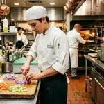 Chef en blanc découpe oignons rouges en cuisine professionnelle
