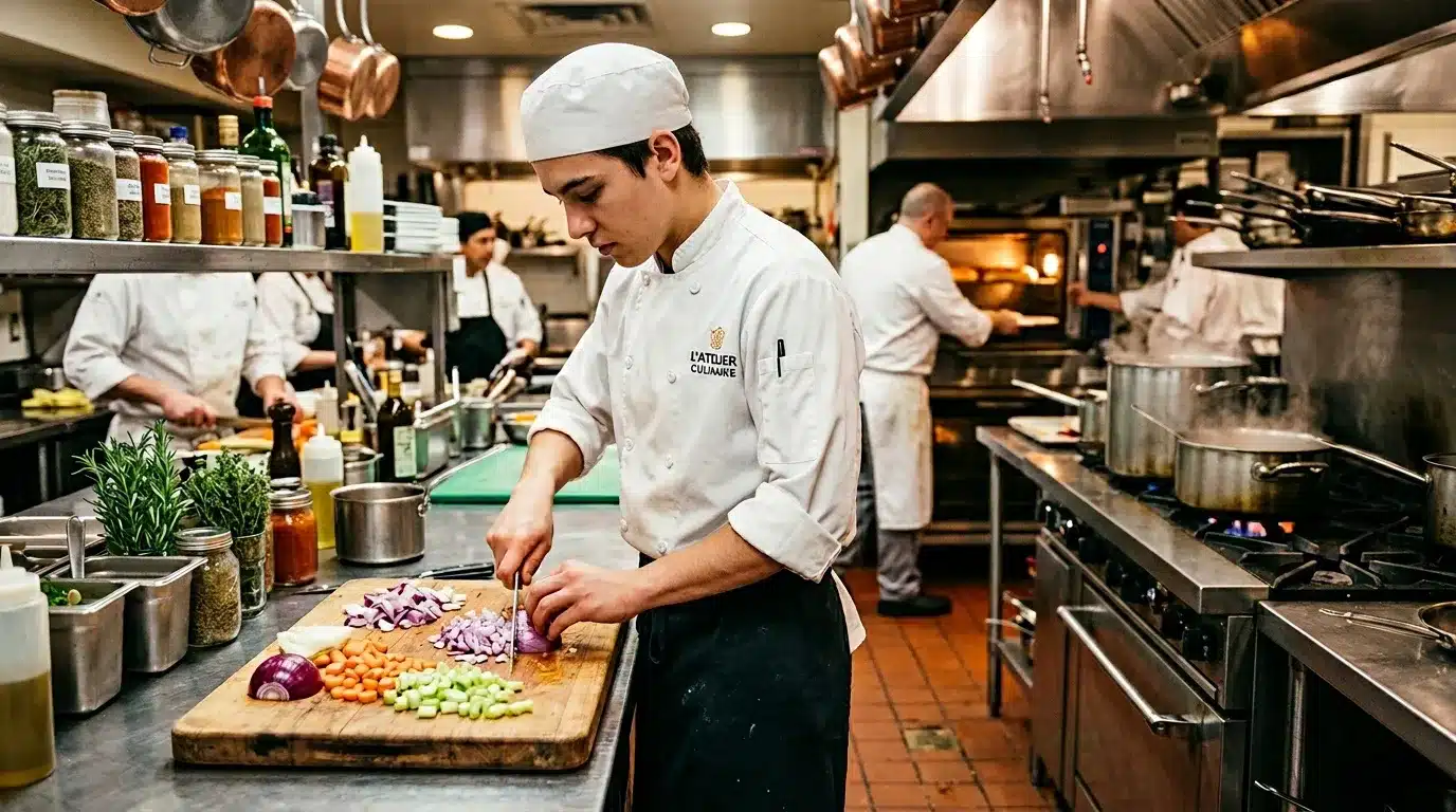 Chef en blanc découpe oignons rouges en cuisine professionnelle