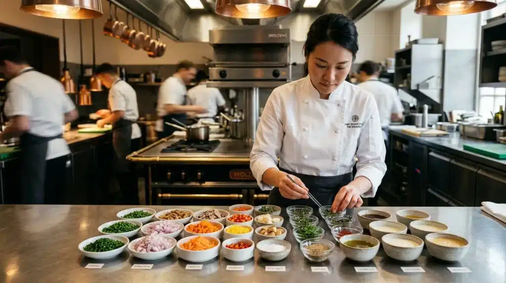 Chef en cuisine organisant ses ingrédients dans des bols