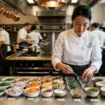 Chef en cuisine organisant ses ingrédients dans des bols