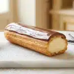 Éclair glacé au chocolat avec crème vanille sur plateau blanc