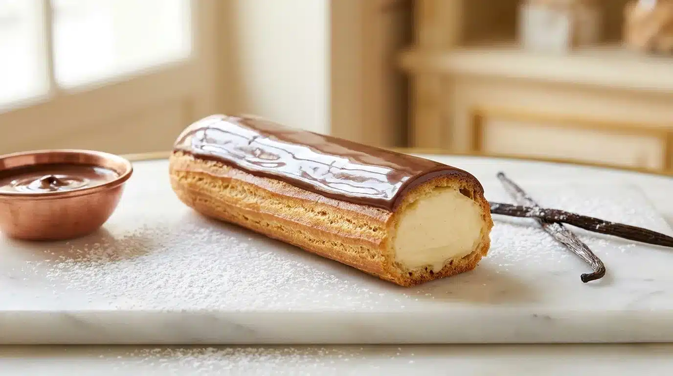 Éclair glacé au chocolat avec crème vanille sur plateau blanc