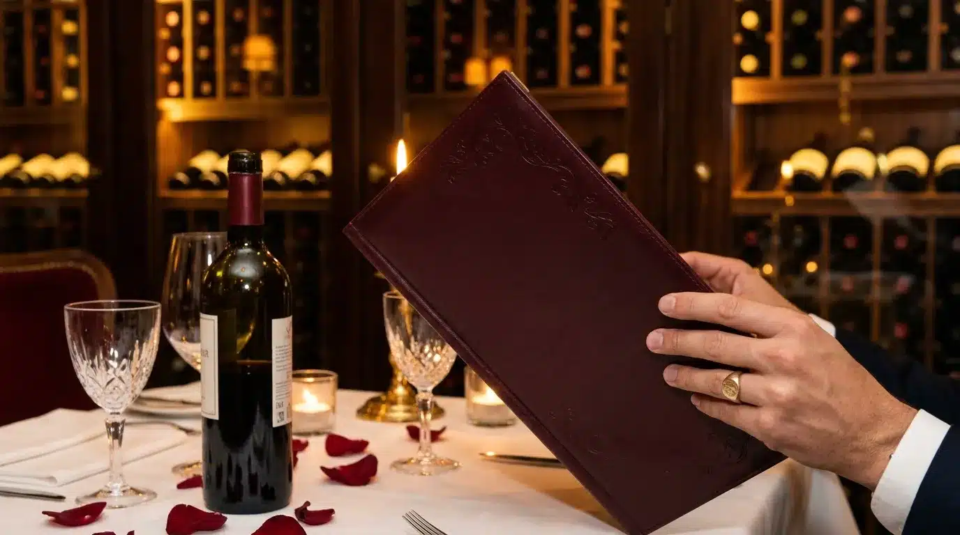 Main tenant menu dans restaurant élégant avec vin