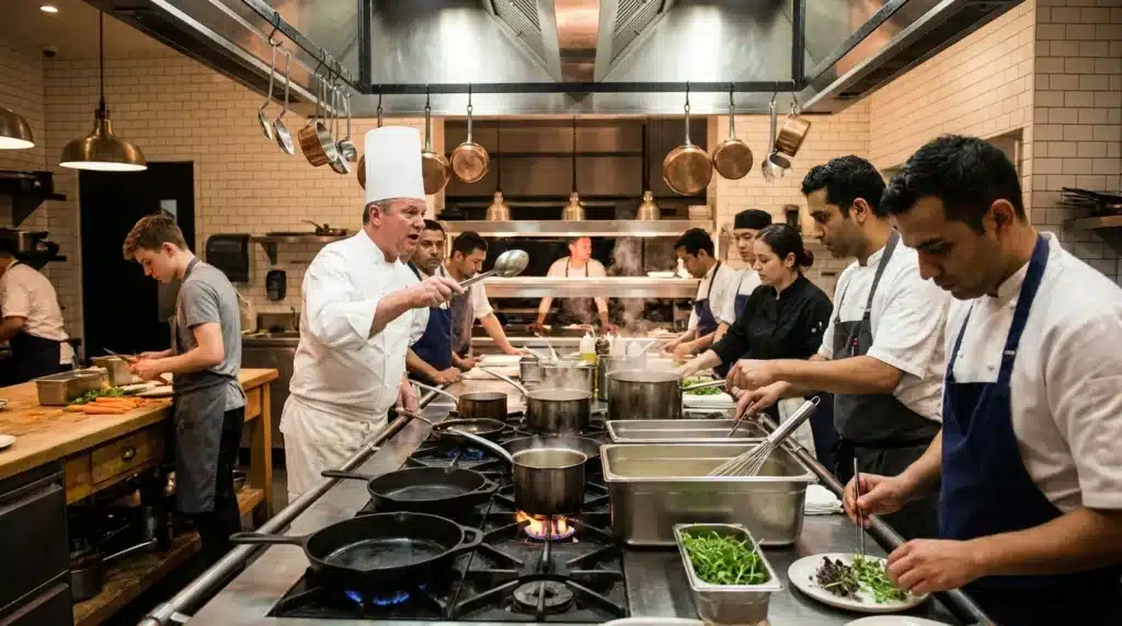 Chef instructeur cuisine avec ses apprentis en cuisine professionnelle