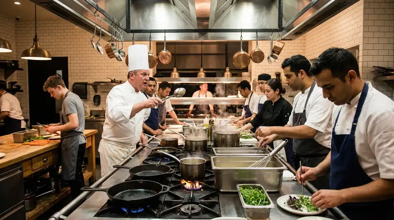 Chef instructeur cuisine avec ses apprentis en cuisine professionnelle