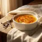 Crème brûlée dorée avec vanille et cuillère sur tissu blanc
