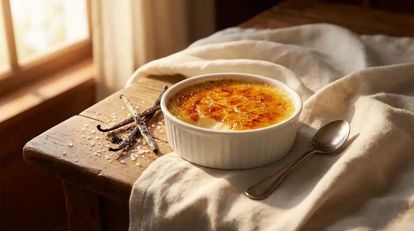 Crème brûlée dorée avec vanille et cuillère sur tissu blanc