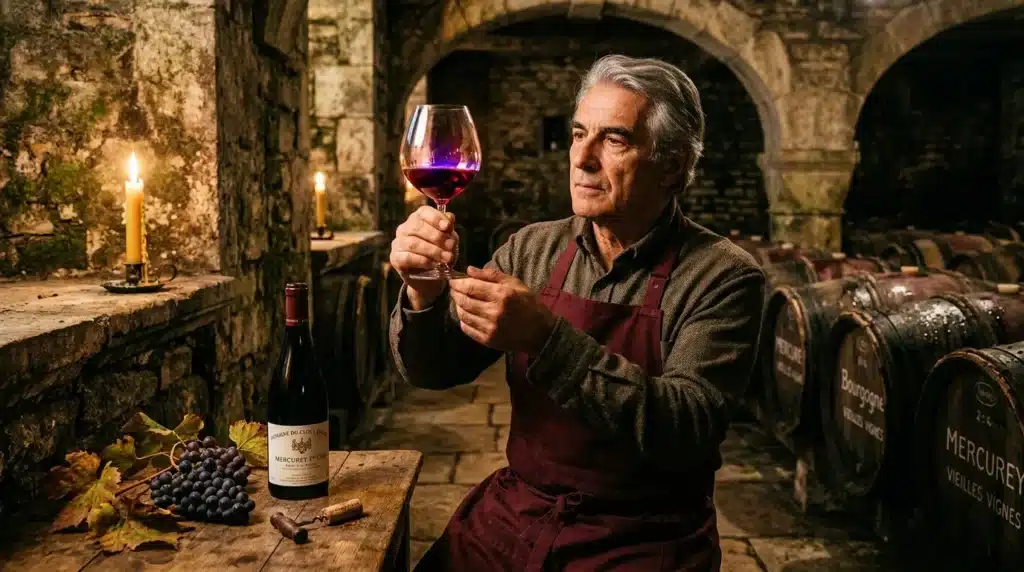 Homme examine verre de vin rouge en cave avec tonneaux