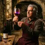 Homme examine verre de vin rouge en cave avec tonneaux