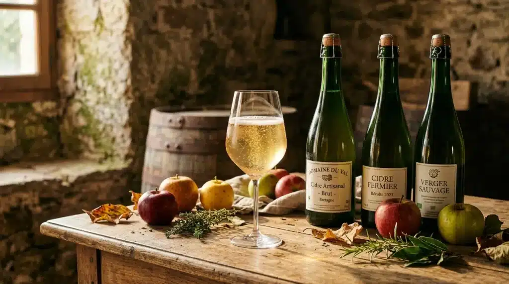 Trois bouteilles de cidre breton avec verre et pommes sur table rustique