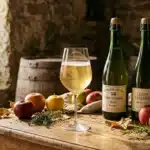 Trois bouteilles de cidre breton avec verre et pommes sur table rustique