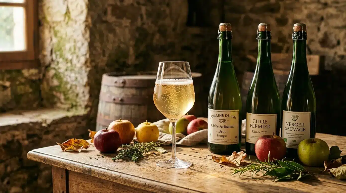 Trois bouteilles de cidre breton avec verre et pommes sur table rustique