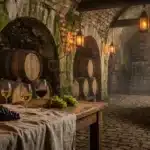 Cave vinicole ancienne avec tonneaux, verres et raisins