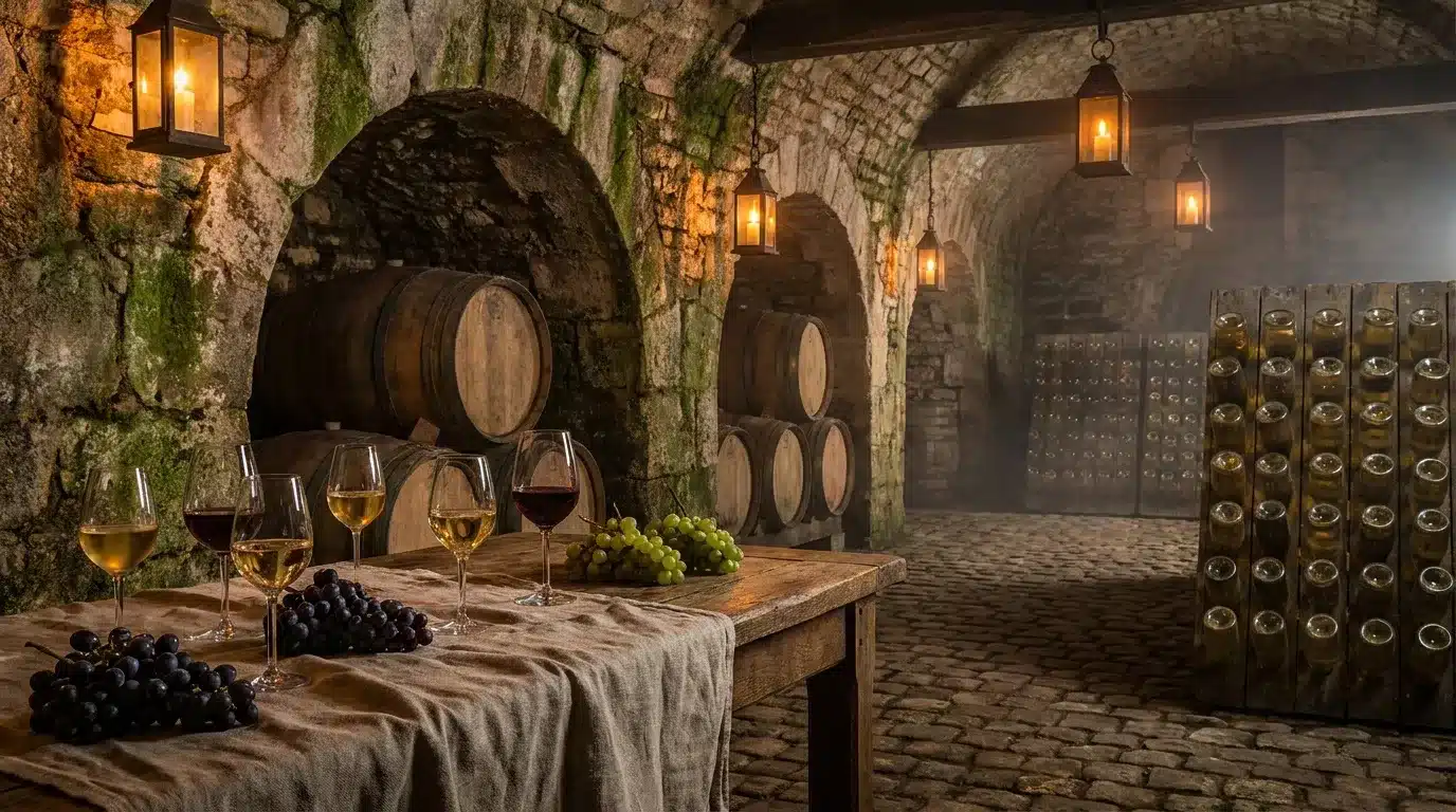 Cave vinicole ancienne avec tonneaux, verres et raisins