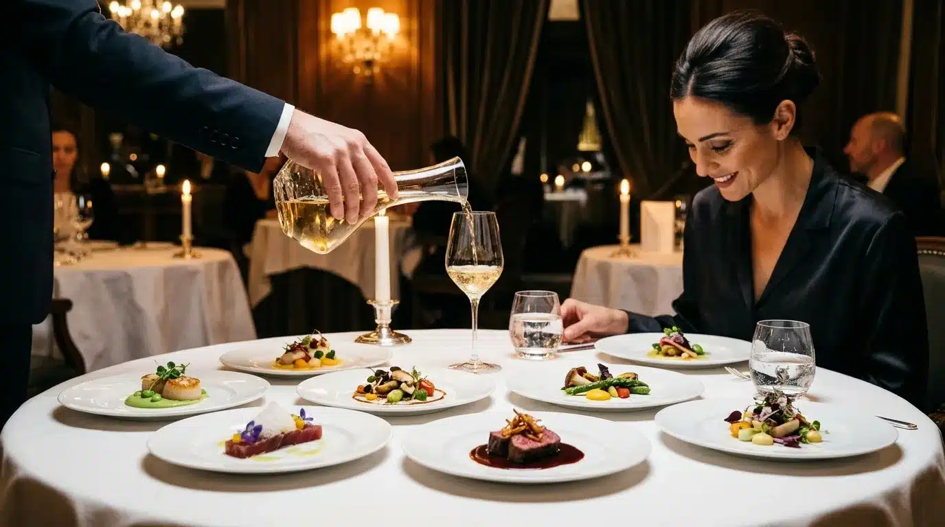 Serveur versant du vin blanc lors d'une dégustation culinaire.