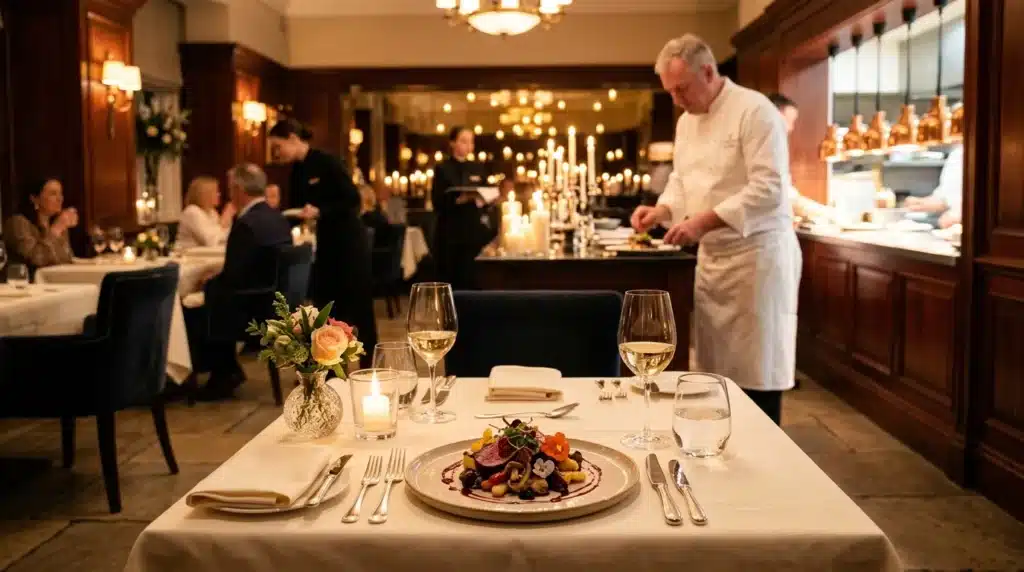 Table élégante avec plat gastronomique, chef en cuisine, ambiance luxe