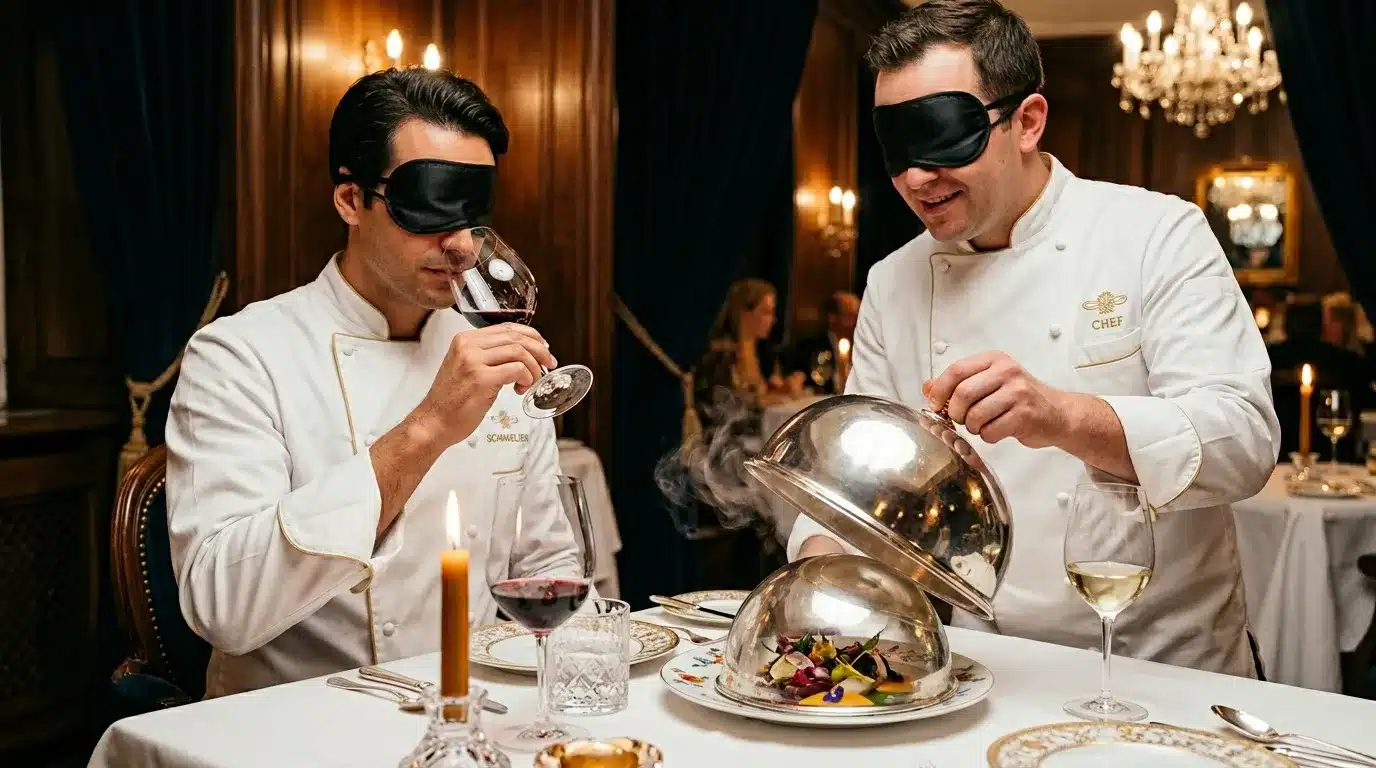 Deux chefs les yeux bandés dégustent un plat gastronomique