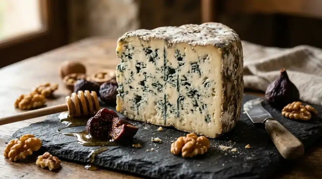 Fromage bleu présenté avec noix, miel et figues fraiches