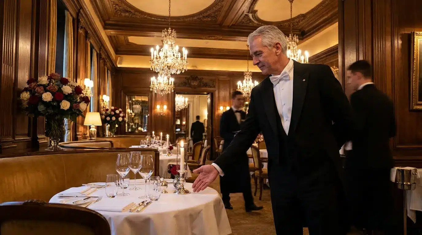 Homme en smoking inspectant table dans restaurant luxueux