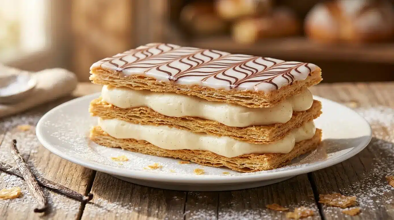 Pâtisserie feuilletée garnie crème vanille, glaçage chocolat