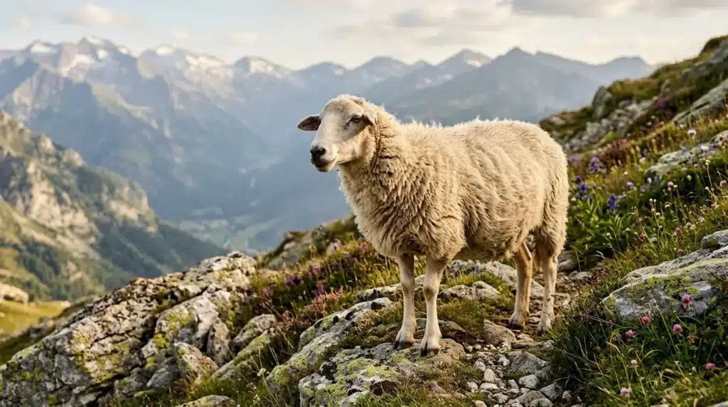 Mouton blanc debout sur rochers rocheux en montagne
