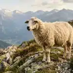 Mouton blanc debout sur rochers rocheux en montagne