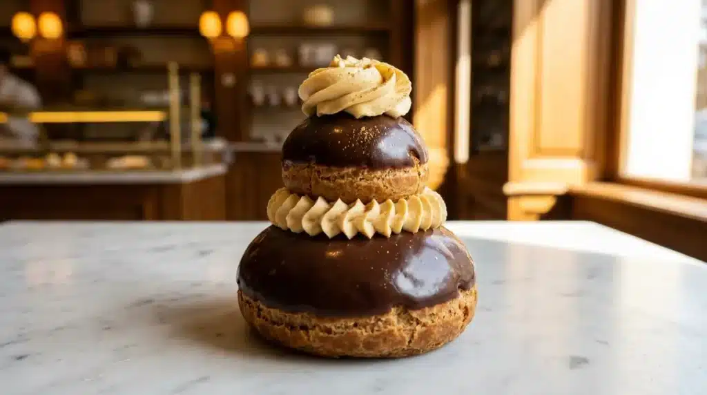 Deux éclairs au chocolat empilés avec crème pâtissière