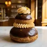 Deux éclairs au chocolat empilés avec crème pâtissière