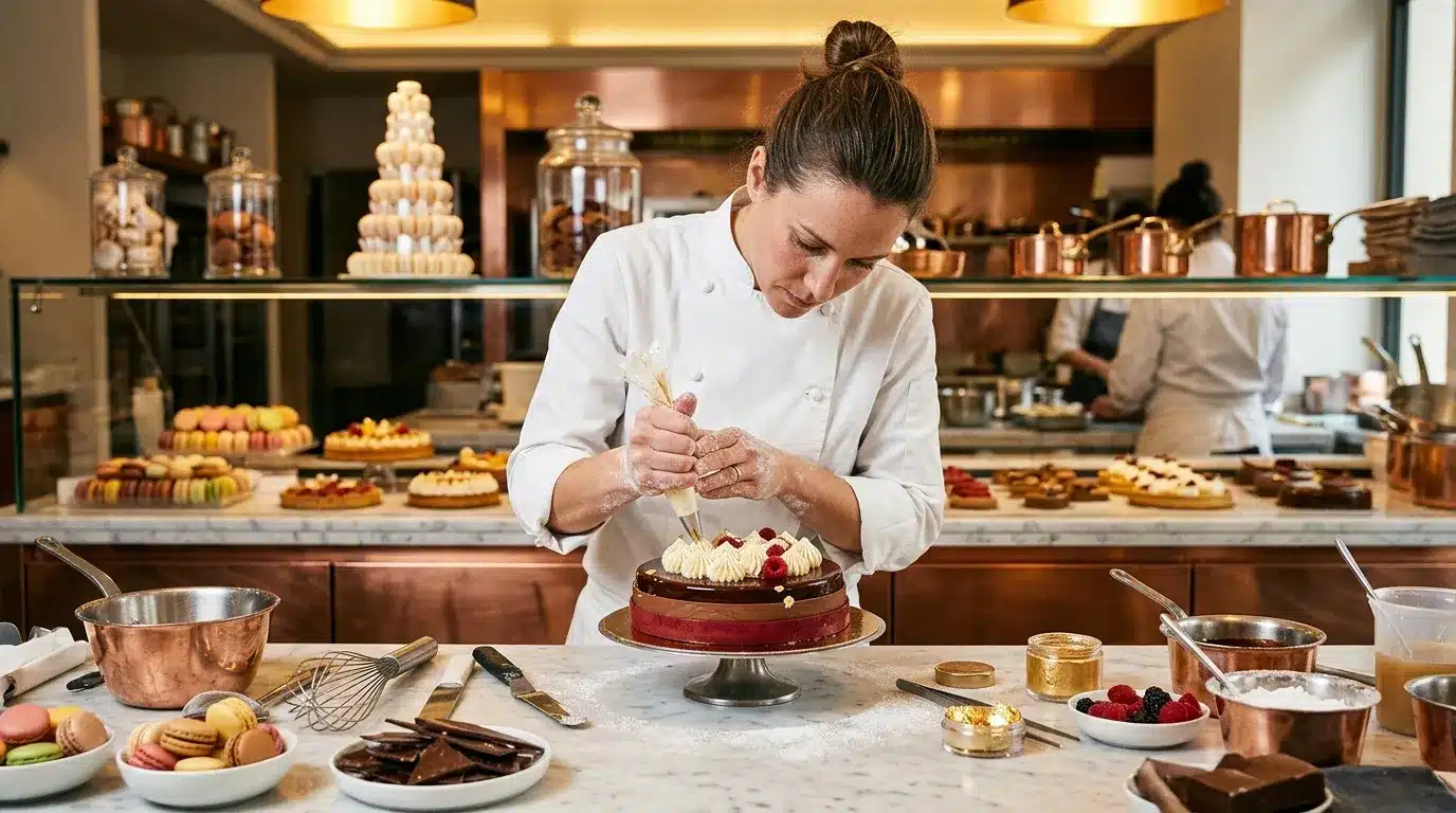 Chef pâtissière décore soigneusement un gâteau en cuisine professionnelle