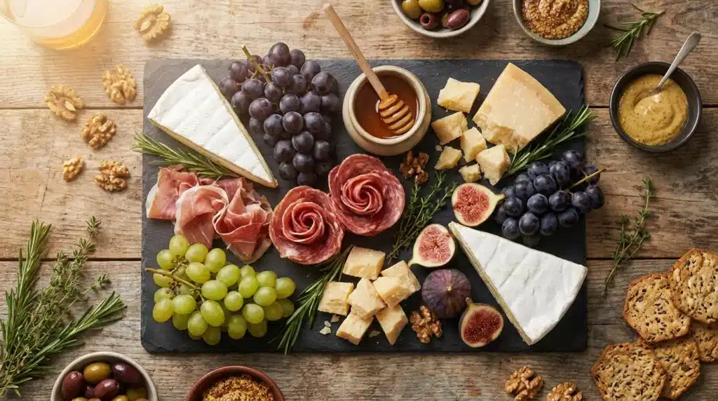 Plateau gourmet avec fromages, charcuterie, fruits et noix