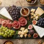 Plateau gourmet avec fromages, charcuterie, fruits et noix