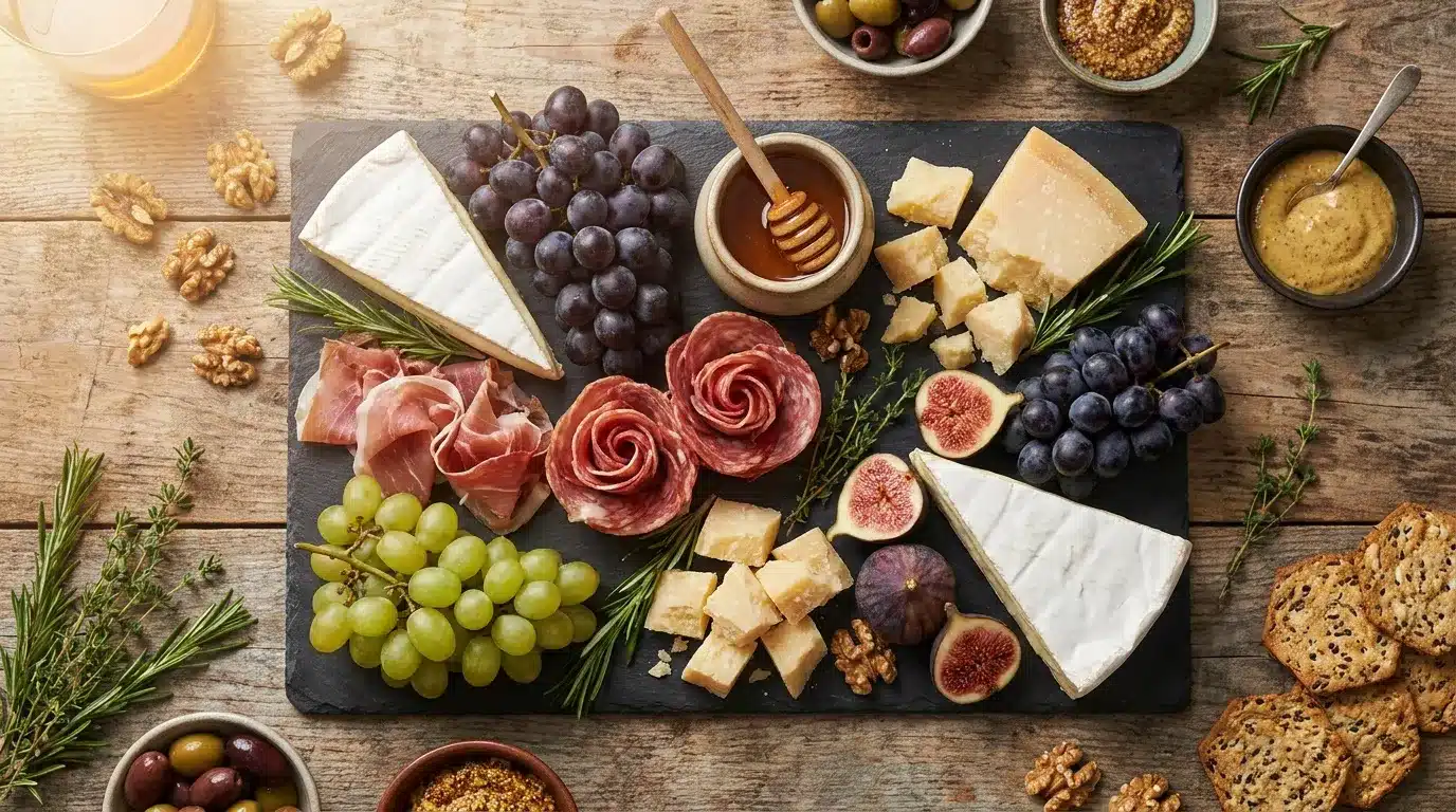 Plateau gourmet avec fromages, charcuterie, fruits et noix