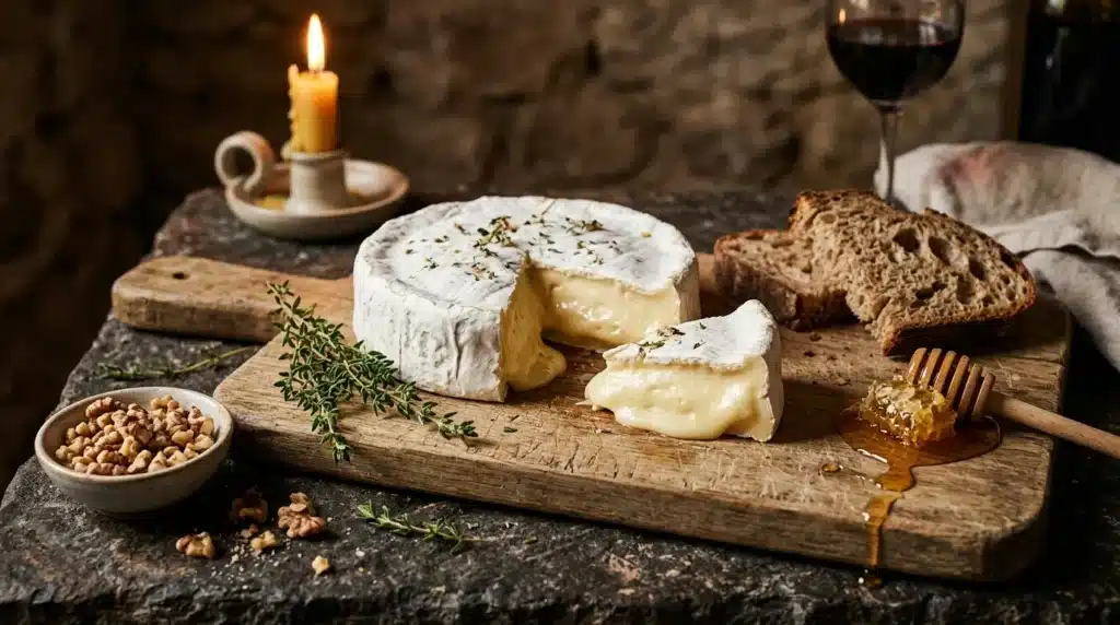 Fromage blanc, pain grillé, miel, noix et vin rouge sur planche bois