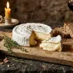 Fromage blanc, pain grillé, miel, noix et vin rouge sur planche bois