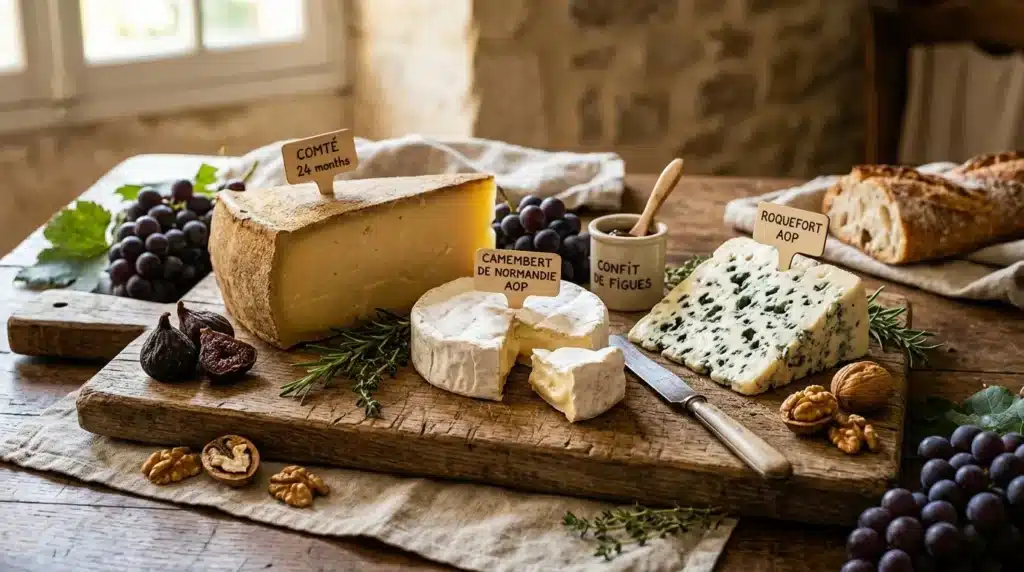 Assortiment de fromages français avec fruits secs et raisins