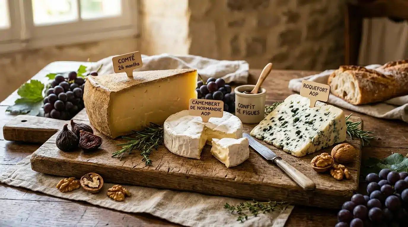 Assortiment de fromages français avec fruits secs et raisins