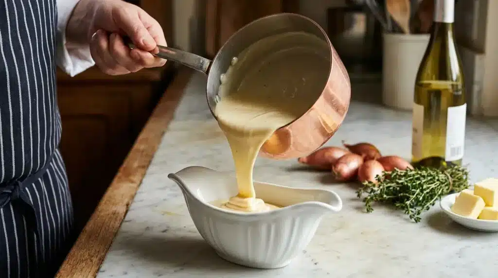 Chef versant sauce crémeuse dans un bol blanc