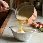 Chef versant sauce crémeuse dans un bol blanc