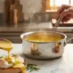 Chef versant sauce dorée sur œuf poché sur toast