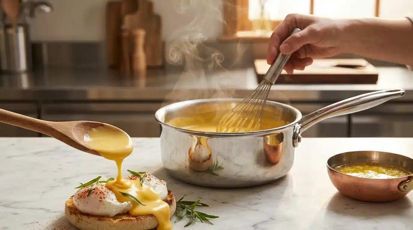 Chef versant sauce dorée sur œuf poché sur toast