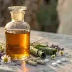 Flacon d'huile dorée entouré de fleurs et herbes médicinales