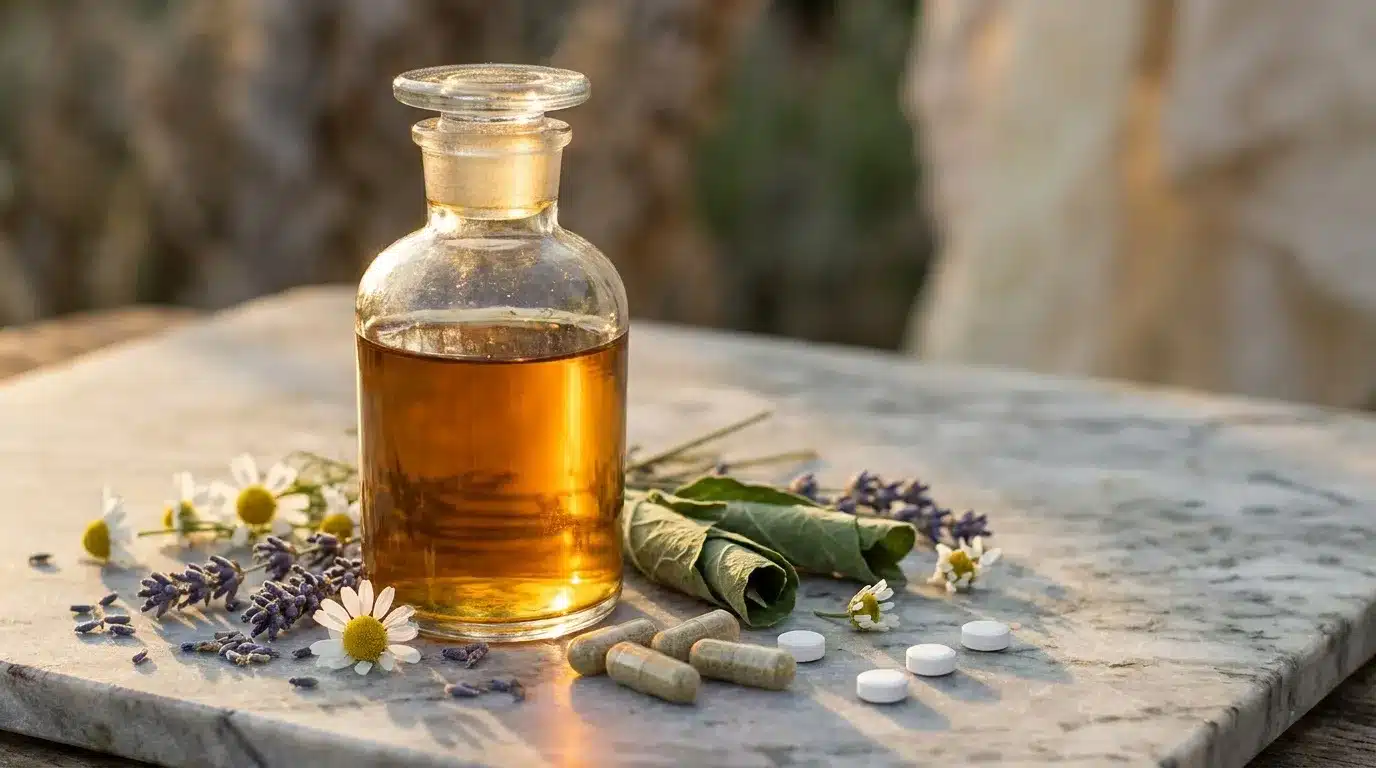Flacon d'huile dorée entouré de fleurs et herbes médicinales